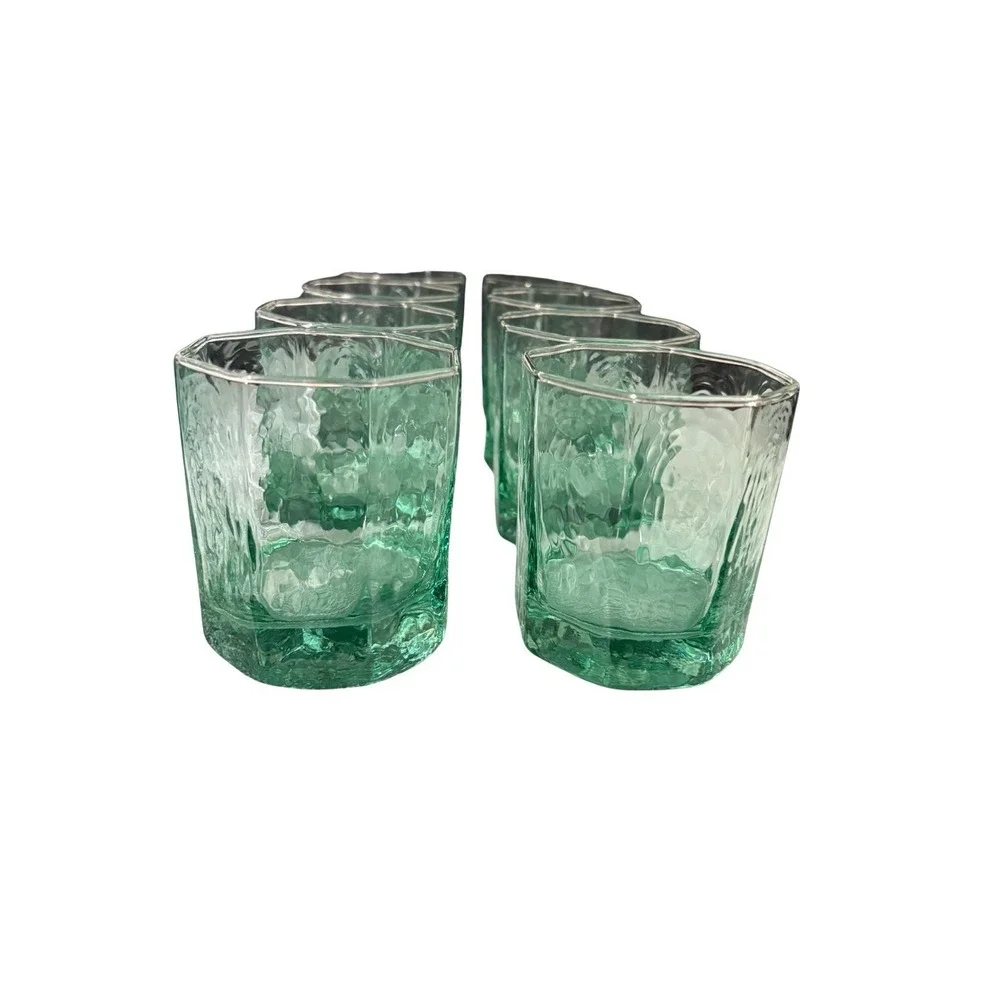 Vintage Libby Facets Green Hexagonal Old Fashion /  Rocks Glassware (Sets Of‎ 2)